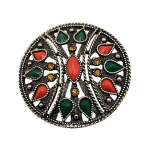 VTG Big‎ EMMONS Brooch Pin Pendant Rhinestone Gold Tone Round Open Work BOHO